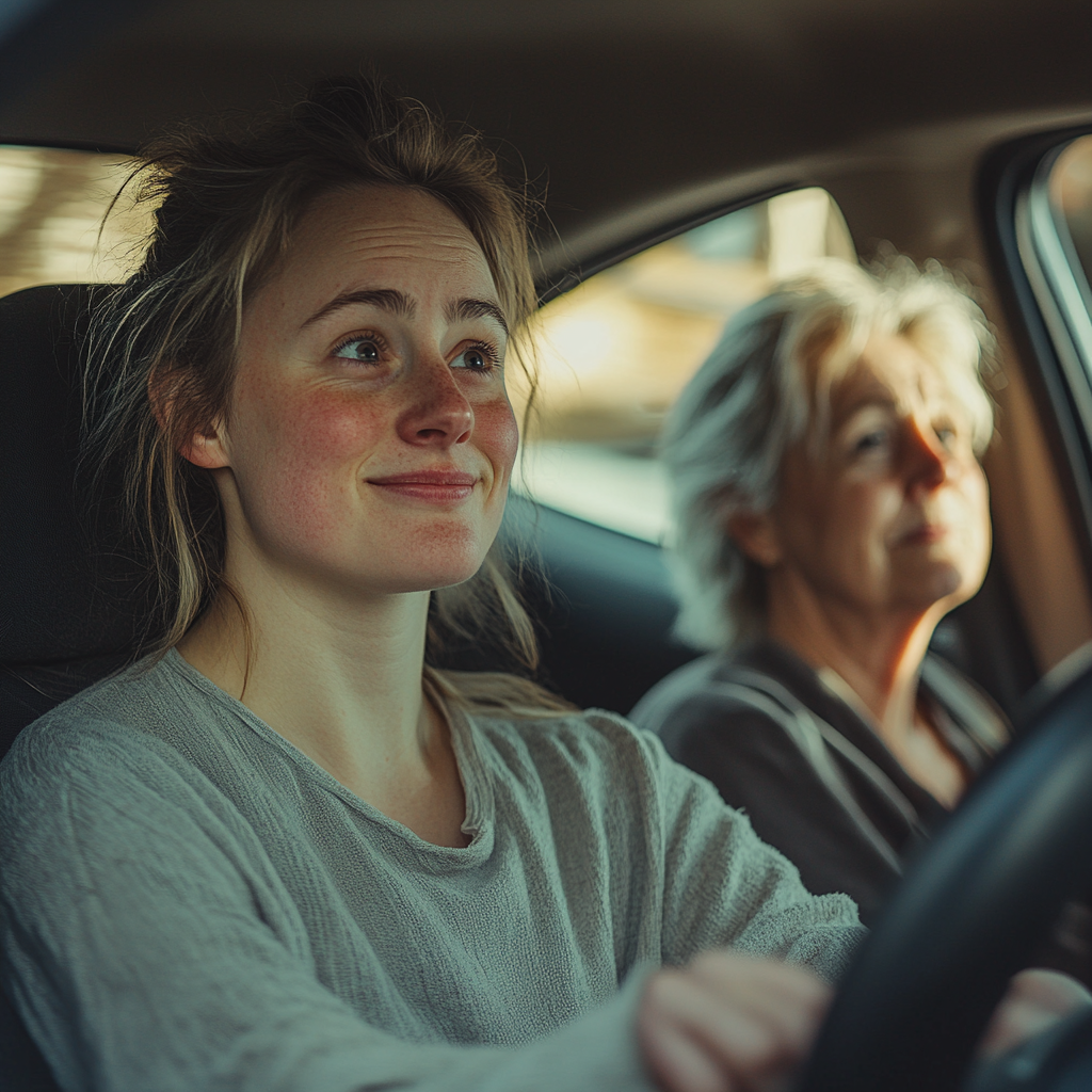 A woman driving a car with her mother-in-law in the passenger seat | Source: Midjourney