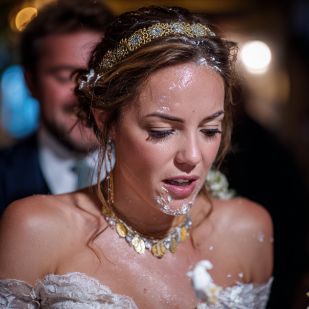 Cake cream on the face of a devastated bride | Source: Midjourney