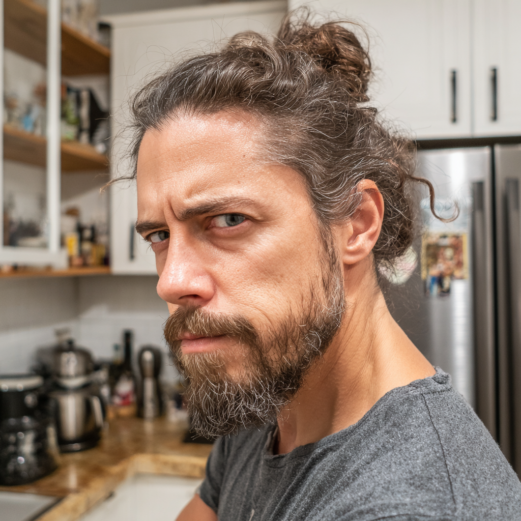 A frowning man standing in a kitchen | Source: Midjourney