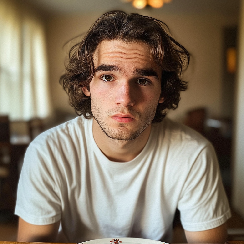 A young man sitting at a table | Source: Midjourney