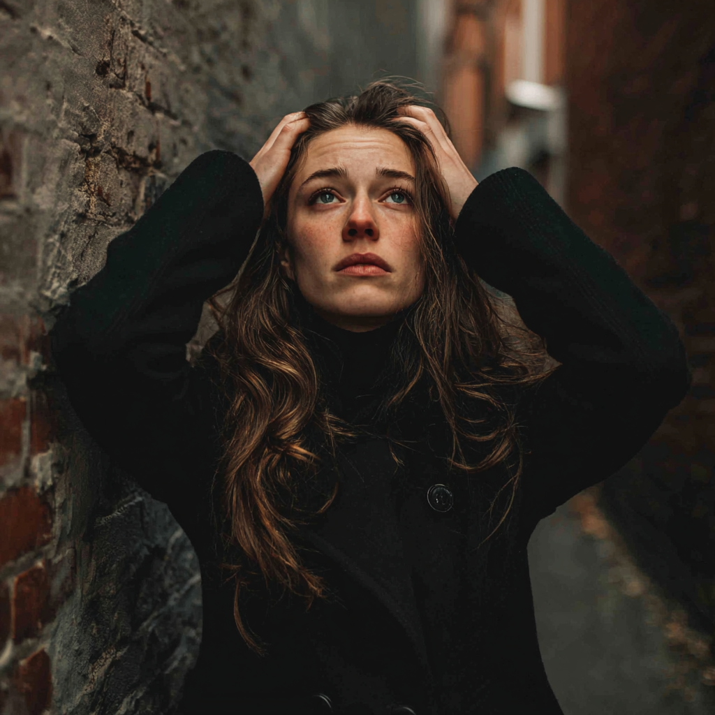 A woman holding her head and looking up | Source: Midjourney