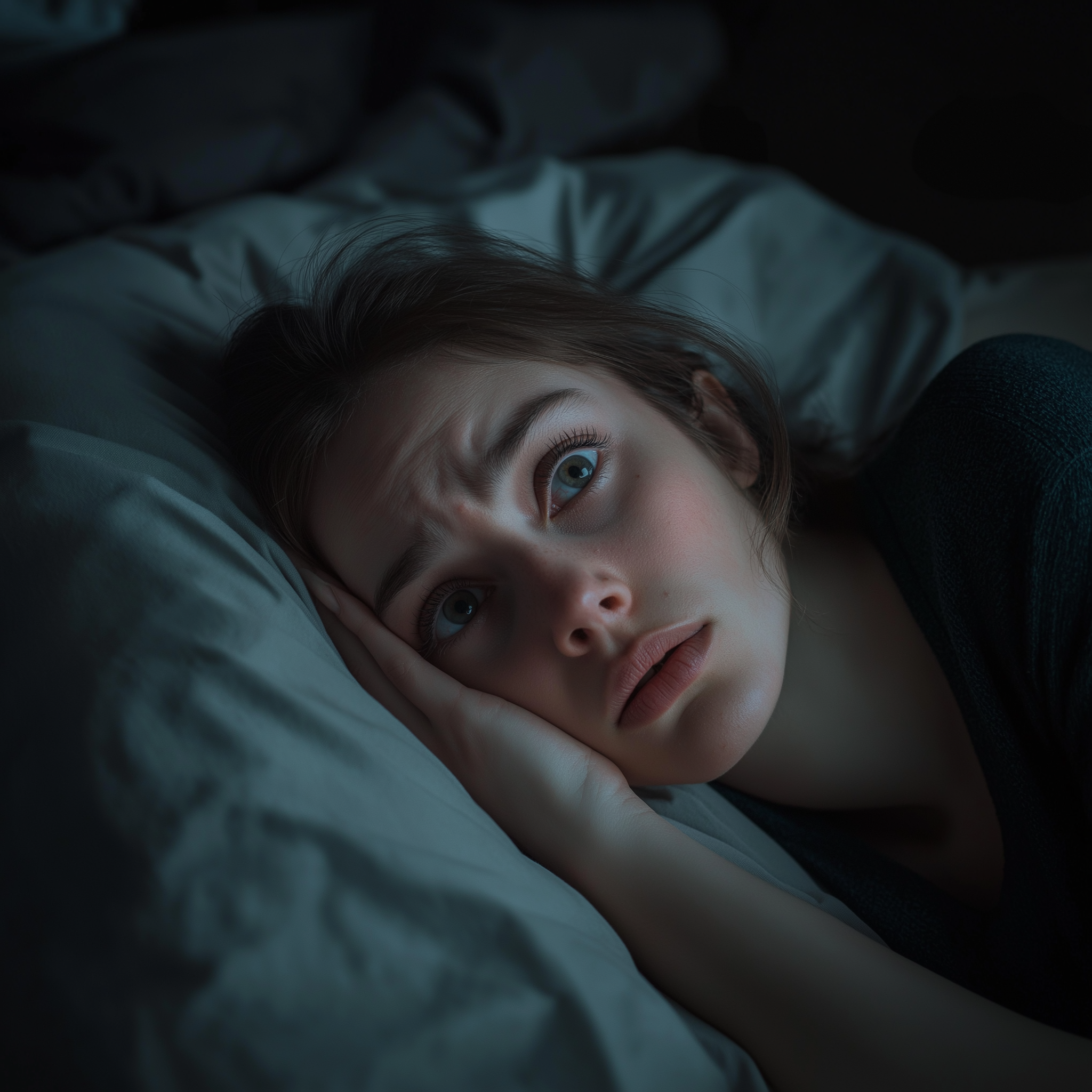 A worried woman lies in her bed awake at night | Source: Midjourney