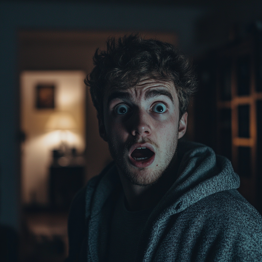 A shocked man in his living room | Source: Midjourney