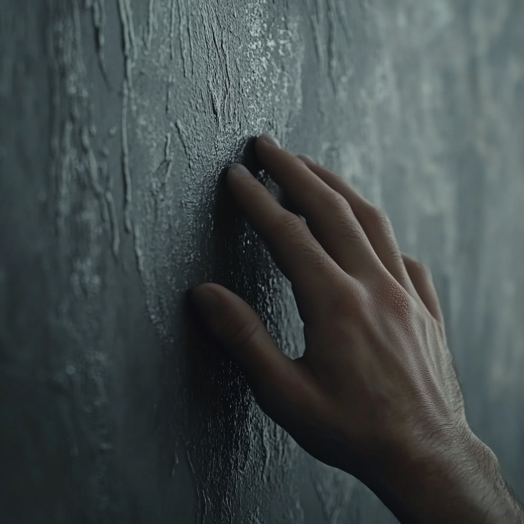 A man touching a freshly painted gray wall | Source: Midjourney