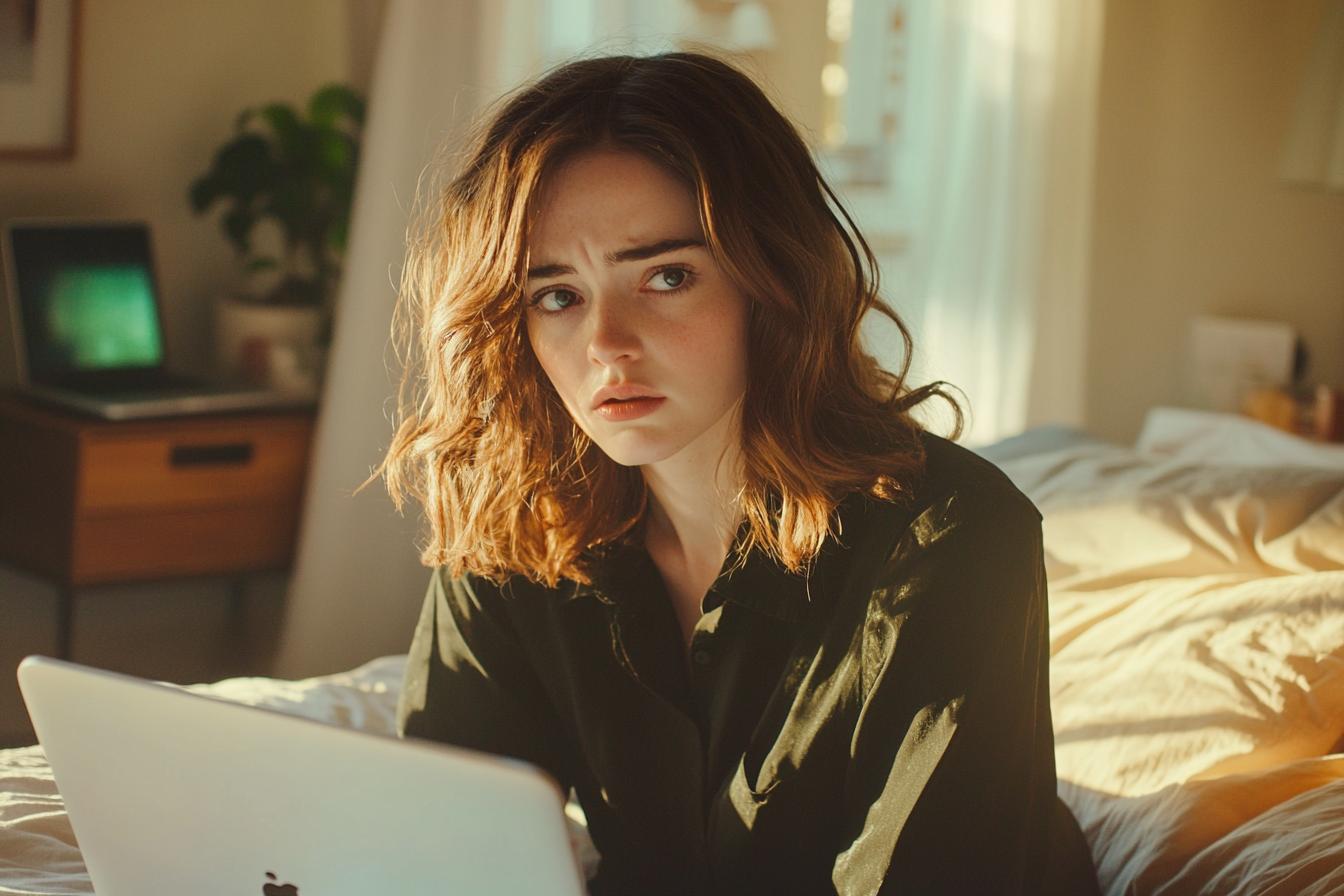 A worried woman sitting on a bed with a laptop | Source: Midjourney