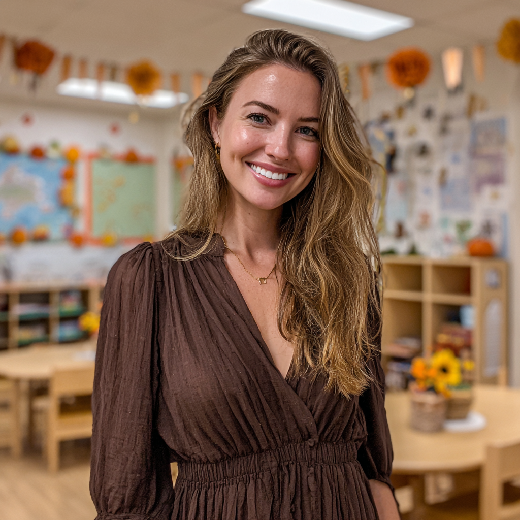 A smiling woman wearing a brown dress | Source: Midjourney