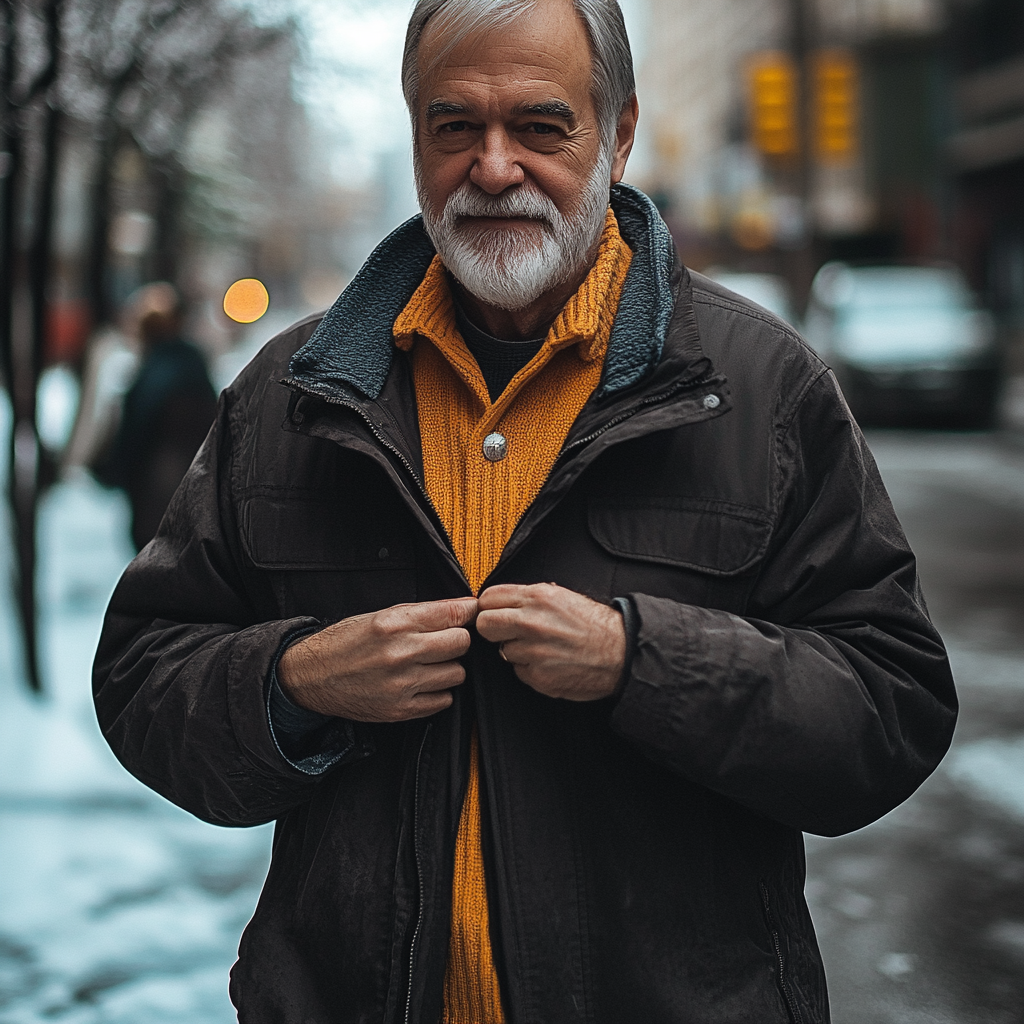 An old man unbuttons his jacket while standing in the cold outside | Source: Midjourney