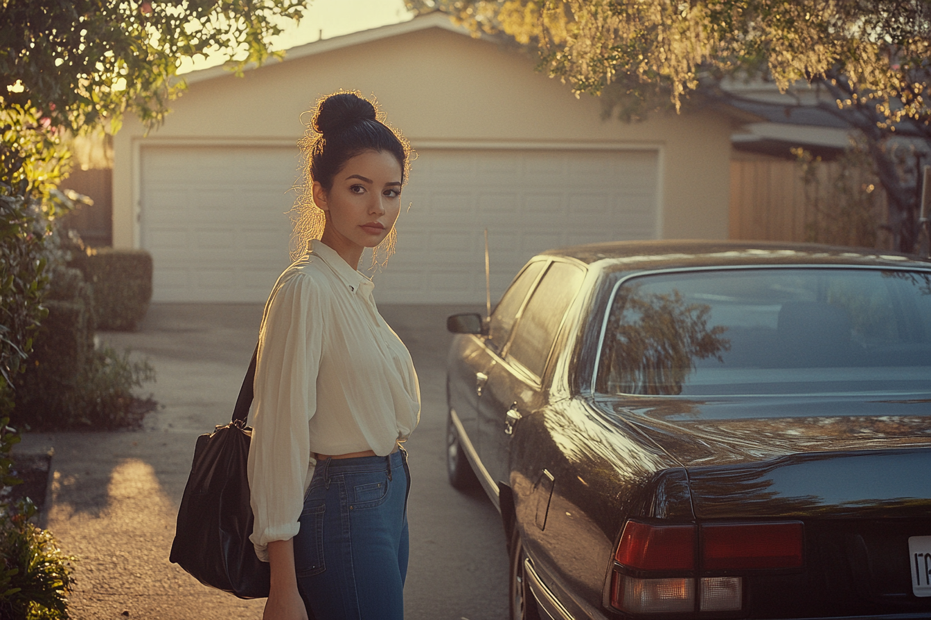 A woman carrying a bag next to a modest car | Source: Midjourney