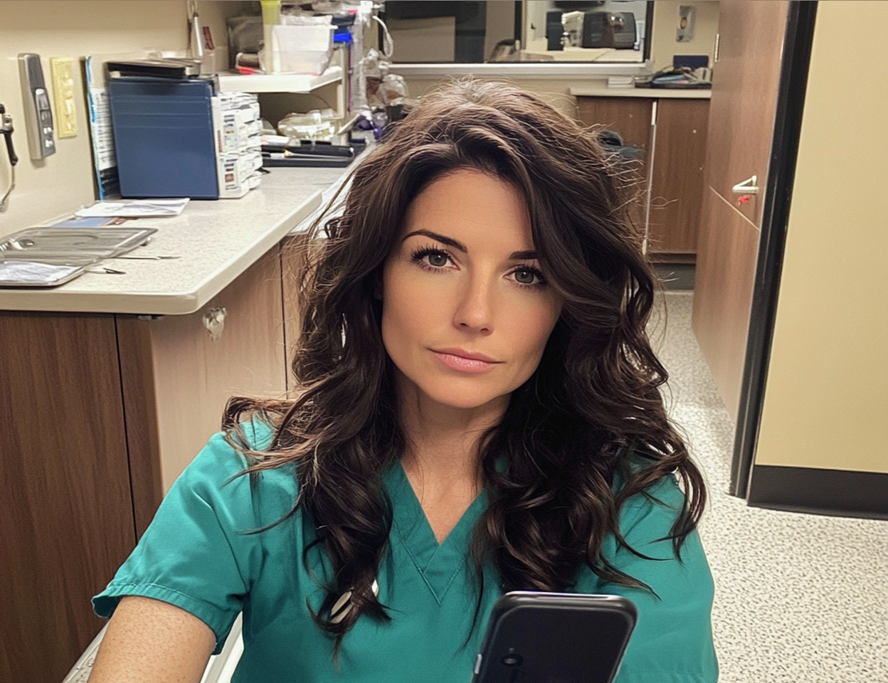 A nurse holding her cellphone | Source: Midjourney