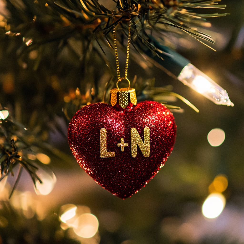 A heart-shaped ornament hung on a Christmas tree | Source: Midjourney