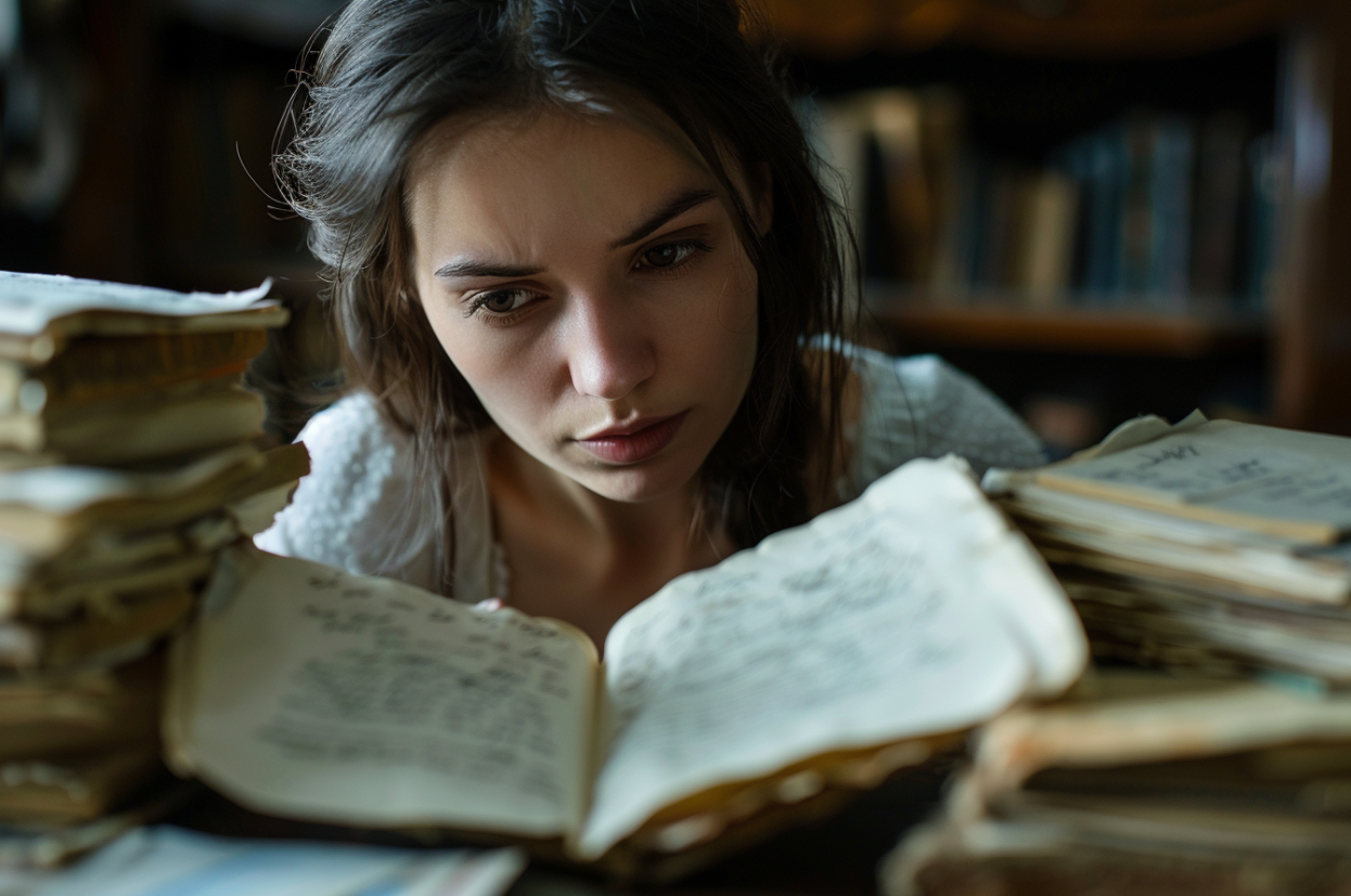 A woman staring at old papers | Source: Midjourney