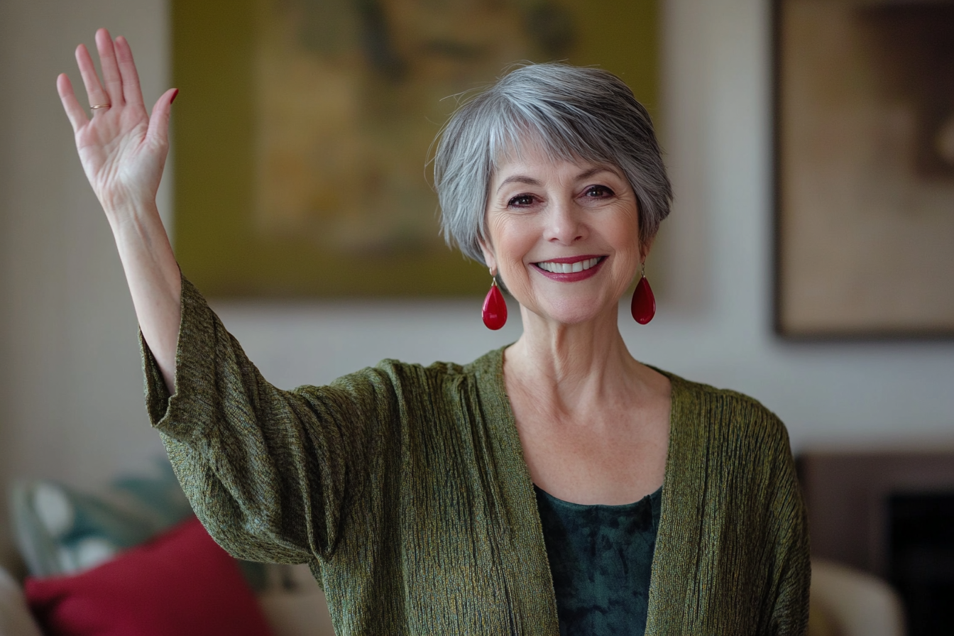 A woman in her 60s waving goodbye in a living room with a smile | Source: Midjourney