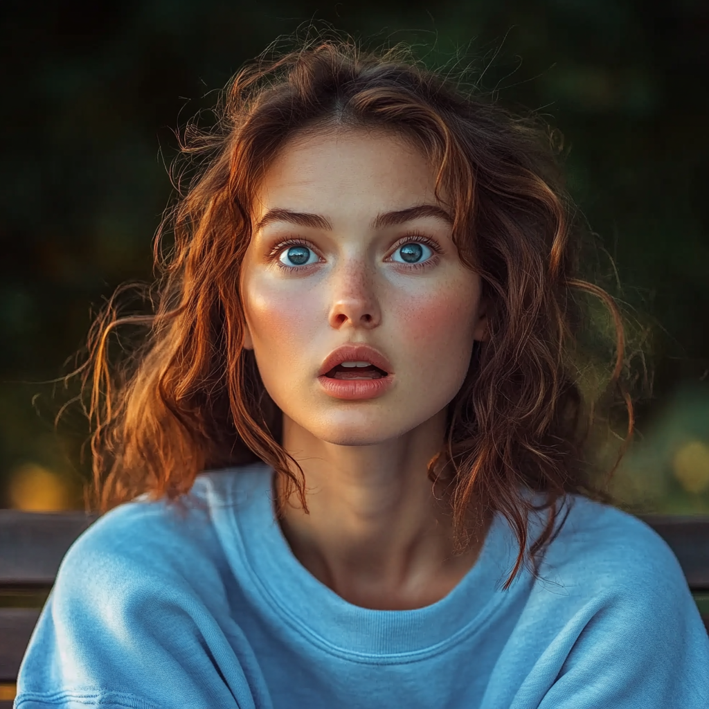 A shocked woman sitting on a bench | Source: Midjourney