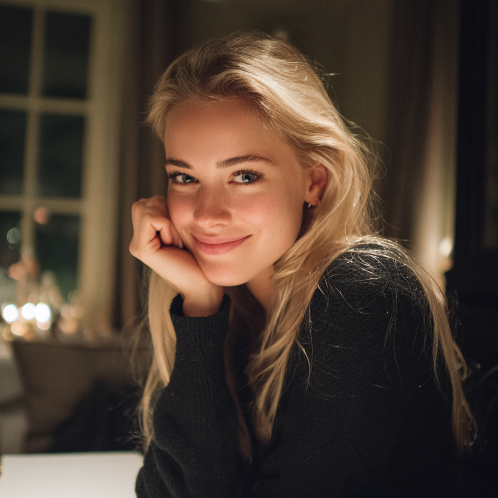 A smiling woman sitting at a table | Source: Midjourney