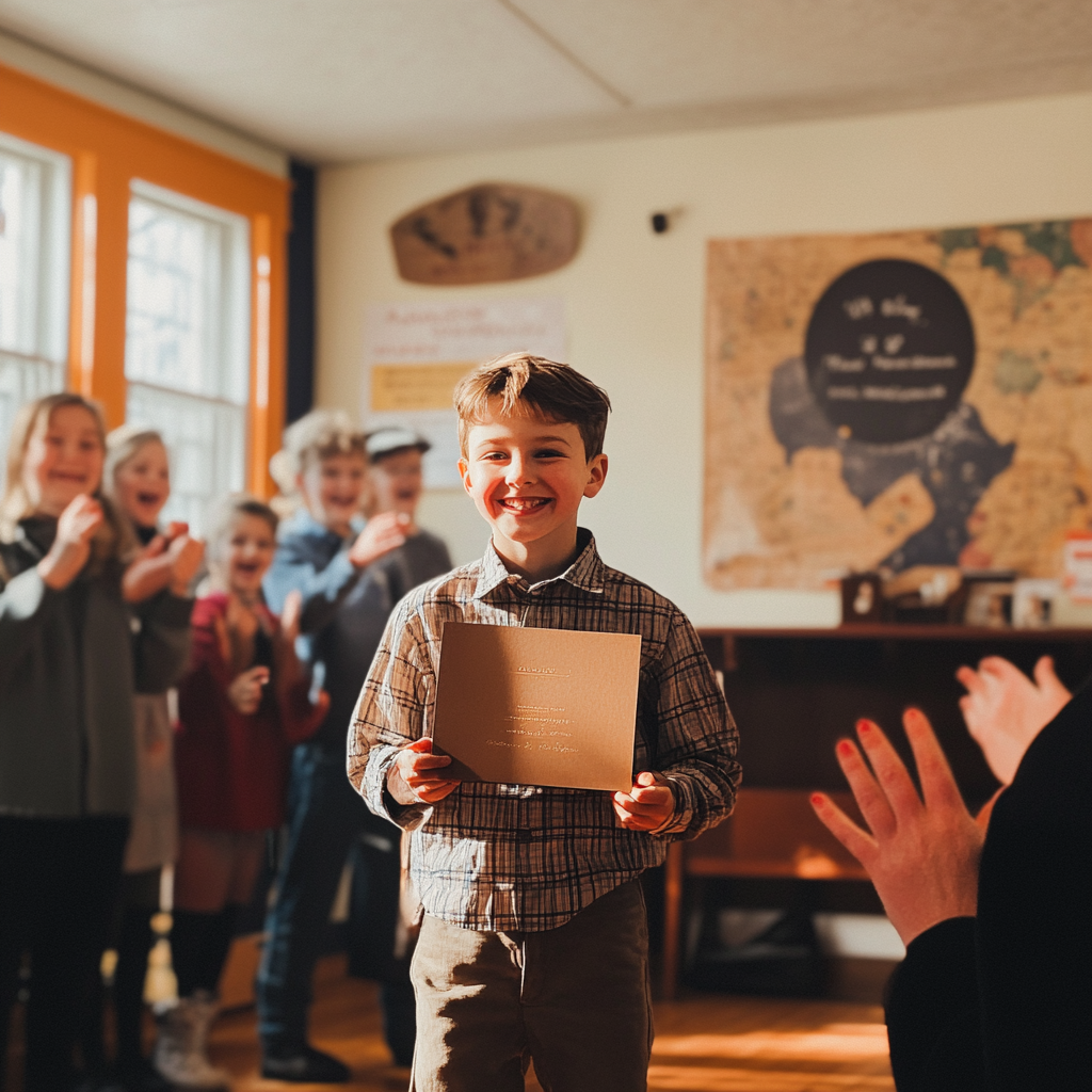 Menino recebendo prêmio na escola | Fonte: Midjourney