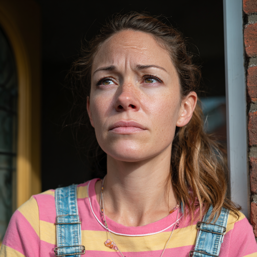 An emotional woman standing at her front door | Source: Midjourney