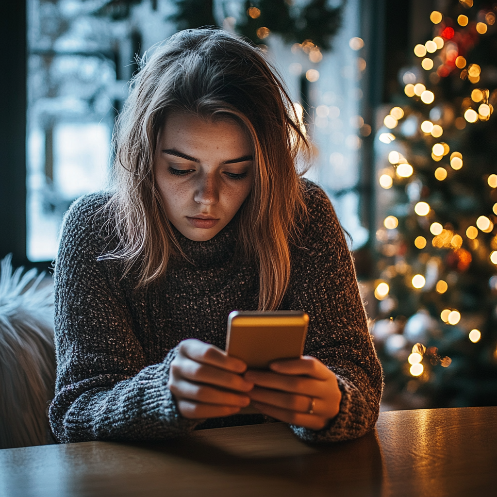 A nervous woman looking at her phone | Source: Midjourney