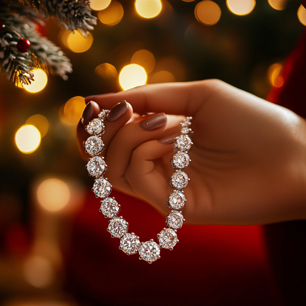 A woman holding a diamond necklace | Source: Midjourney