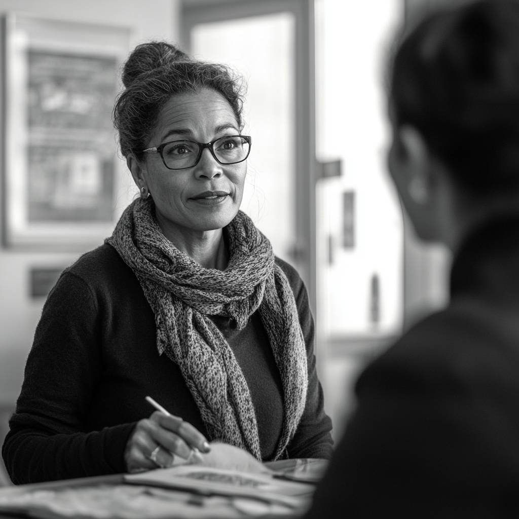 A concerned teacher talking to the school secretary | Source: Midjourney