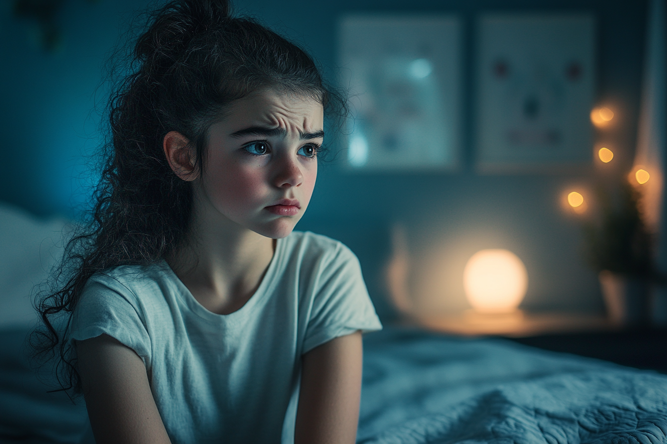 A 12 year old girl looking sad while sitting in bed | Source: Midjourney