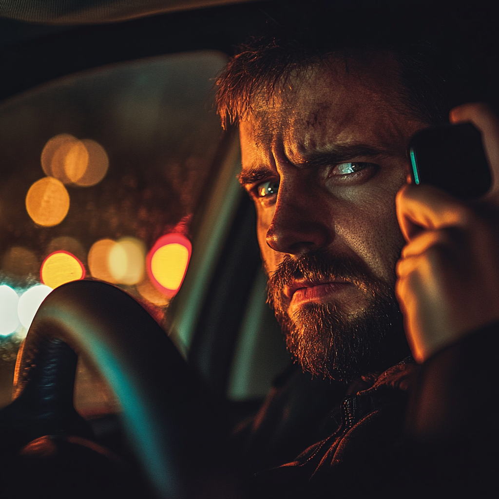 An angry man talking on his phone in his car | Source: Midjourney