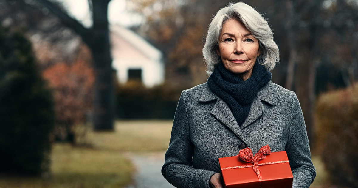 A woman holding a red box standing on a front path | Source: Midjourney