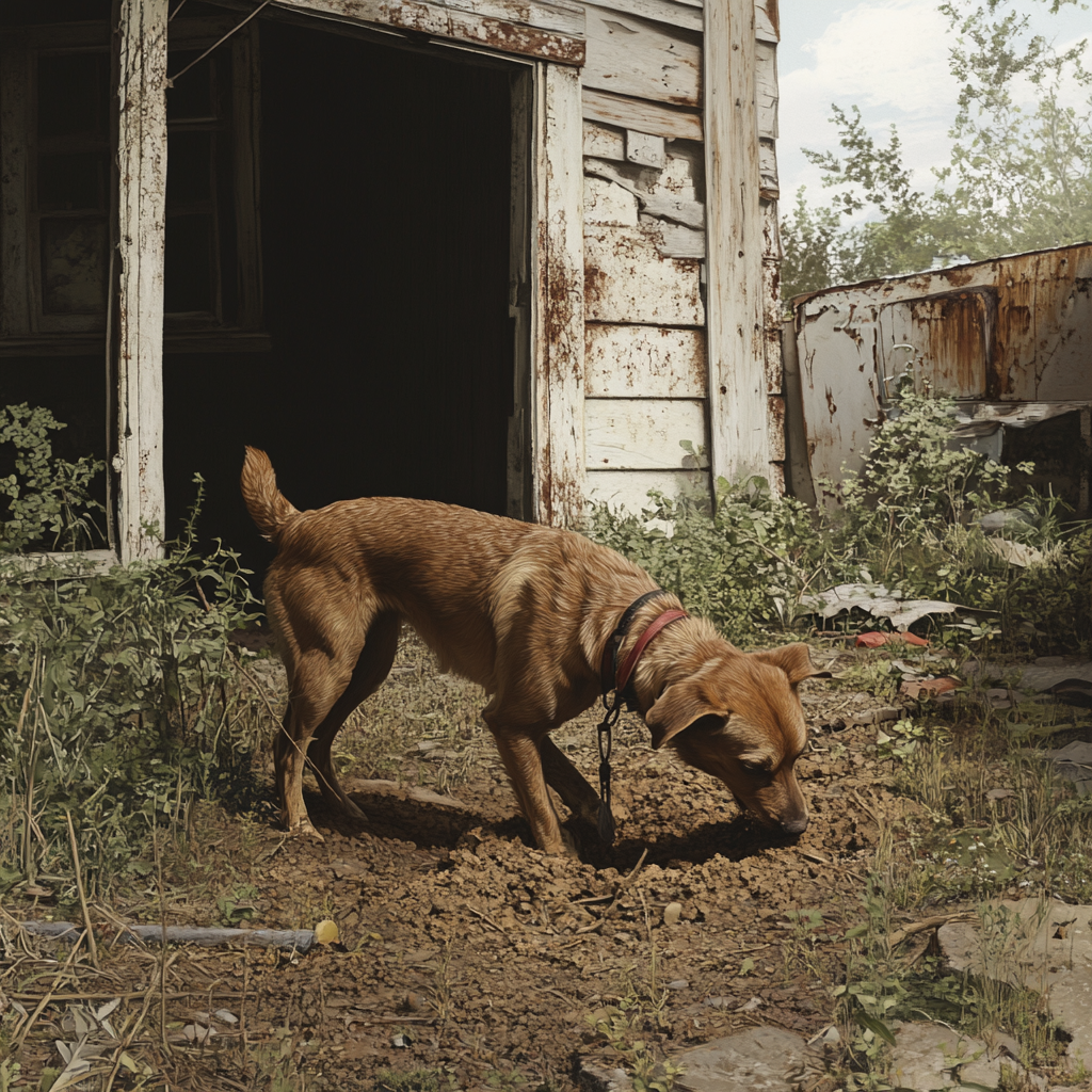 A dog digging outside an abandoned house | Source: Midjourney