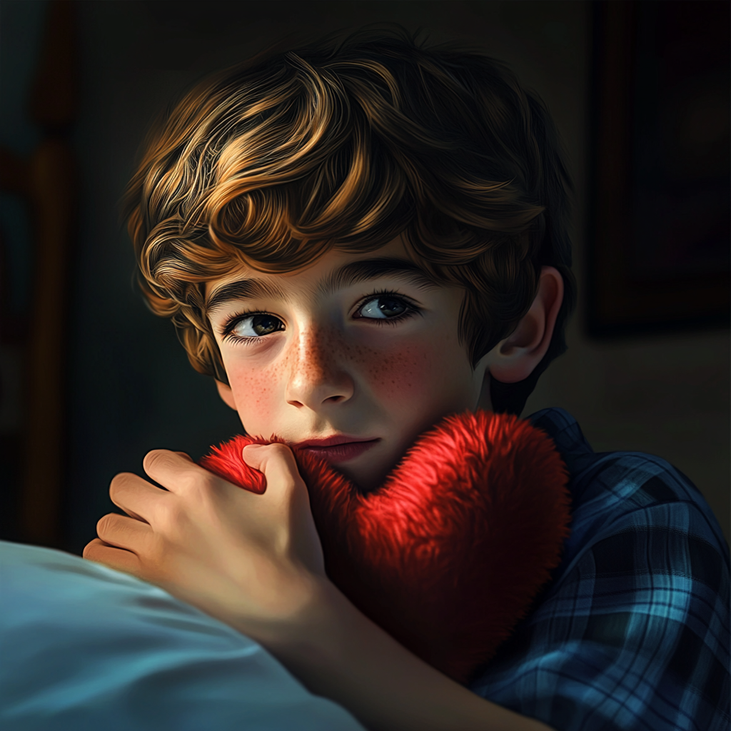 A sad boy clutching a heart-shaped pillow | Source: Midjourney