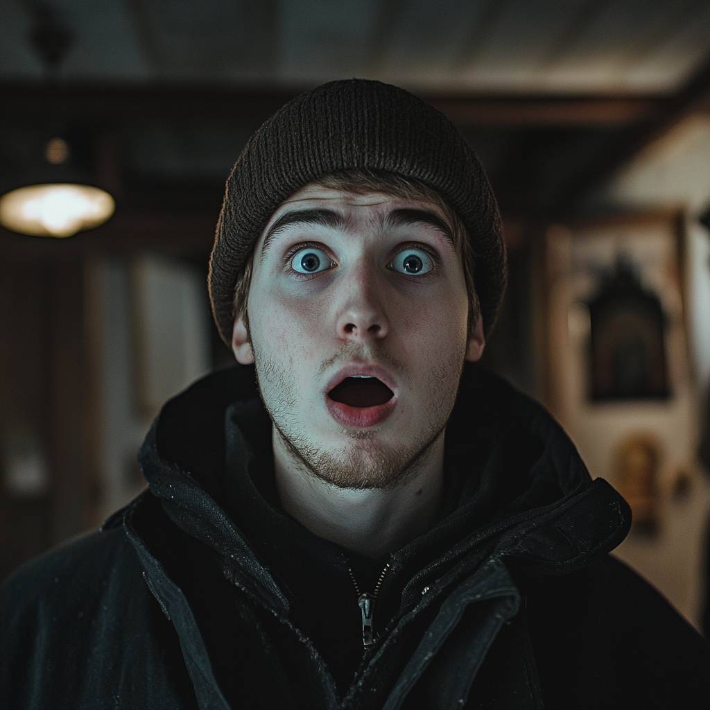 A shocked man in a funeral parlor | Source: Midjourney