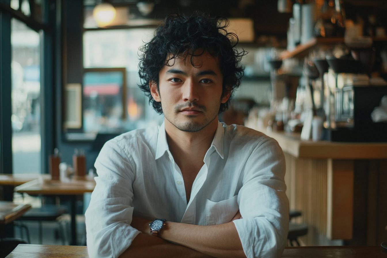 A man stands in a coffee shop with his arms crossed looking serious | Source: Midjourney