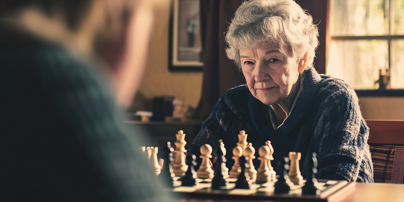 Elderly woman playing chess. | Source: Midjourney