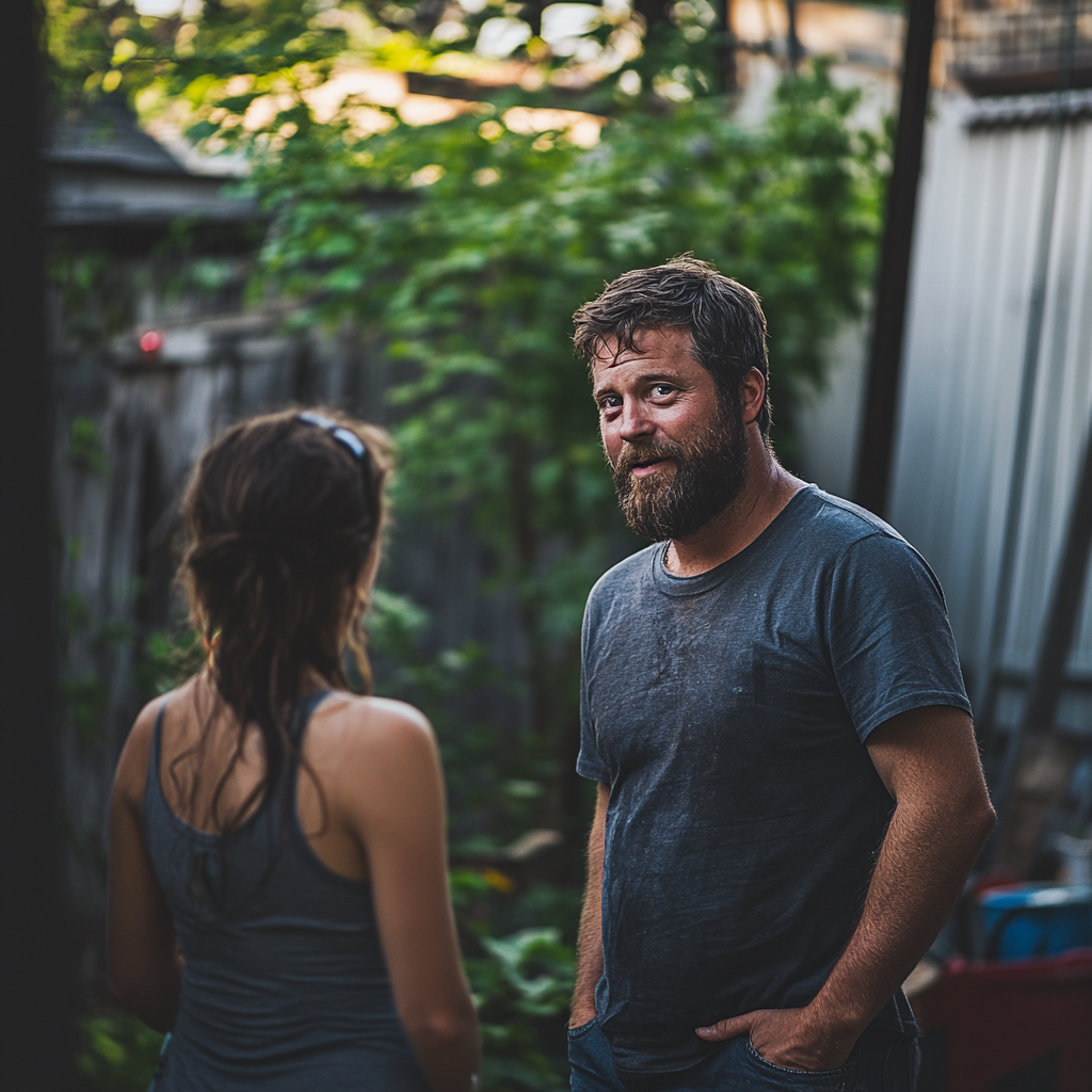 A man talking to a woman in his yard | Source: Midjourney