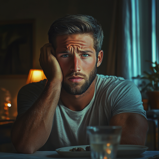 A frustrated man at a dining table | Source: Midjourney