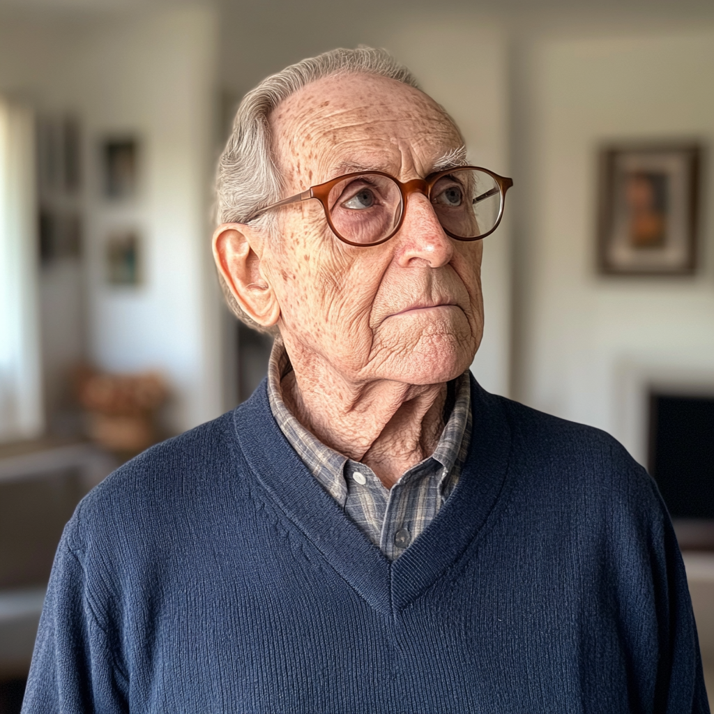 An old man standing in a living room | Source: Midjourney
