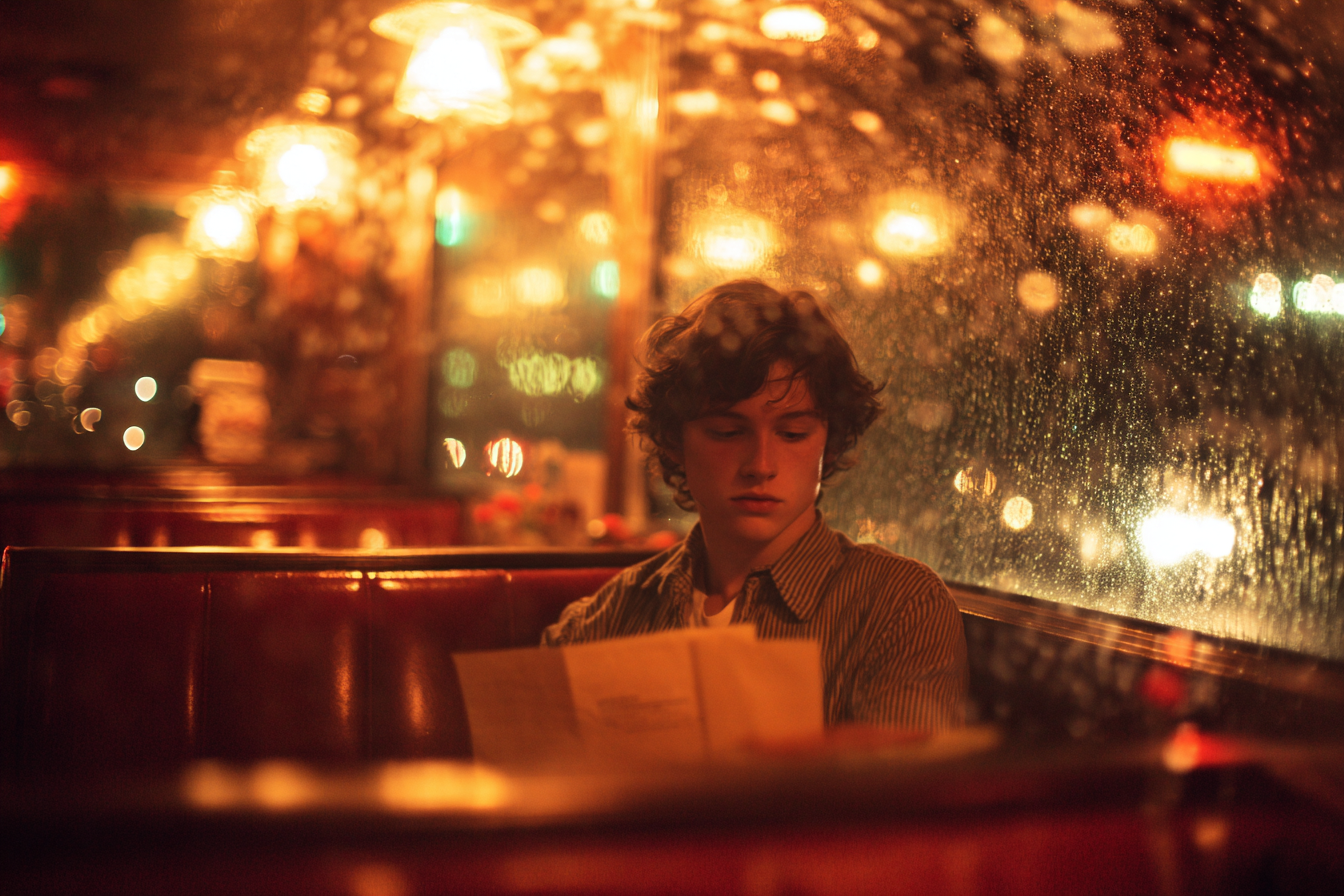 A teen boy sitting in a restaurant | Source: Midjourney
