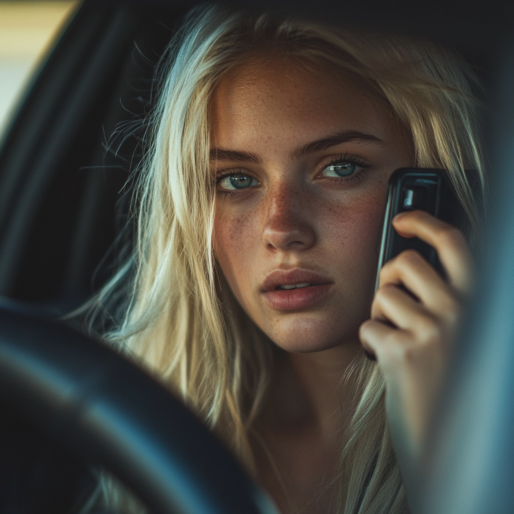 A young woman talking on her phone while driving | Source: Midjourney