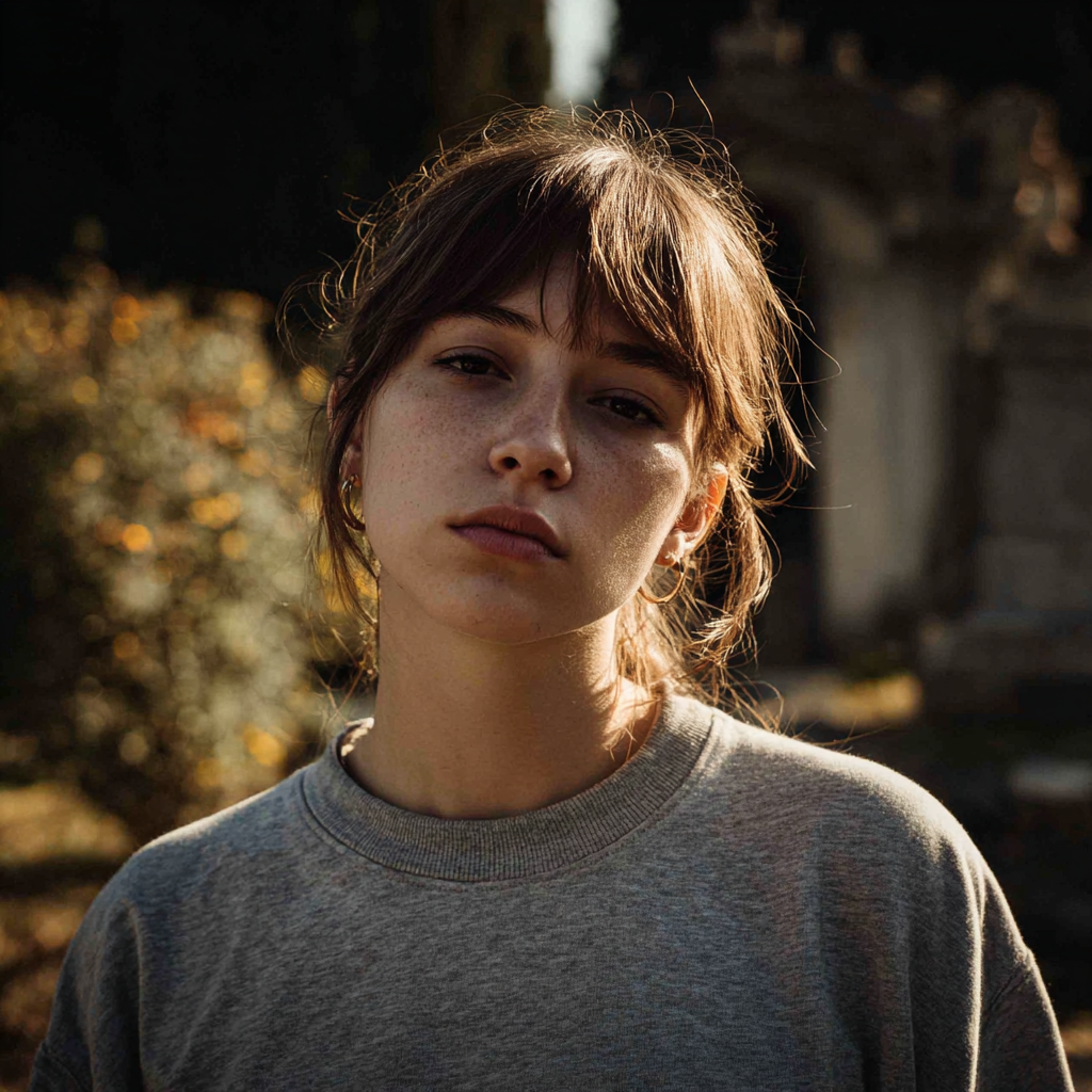 A close up of an upset woman wearing a gray t-shirt | Source: Midjourney