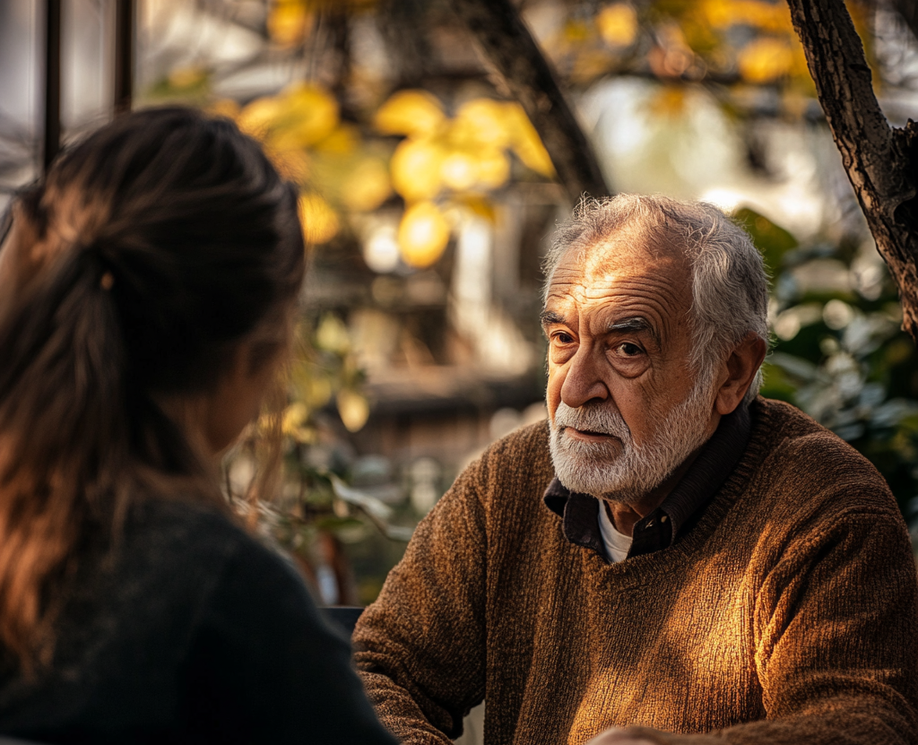 Young woman and a senior man having a conversation | Source: Midjourney