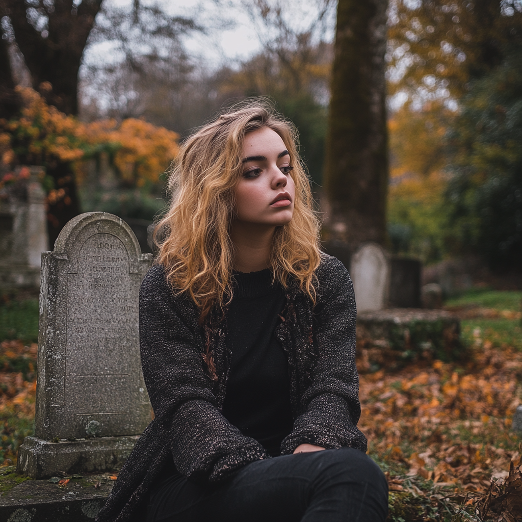 A woman deep in thought at a cemetery | Source: Midjourney