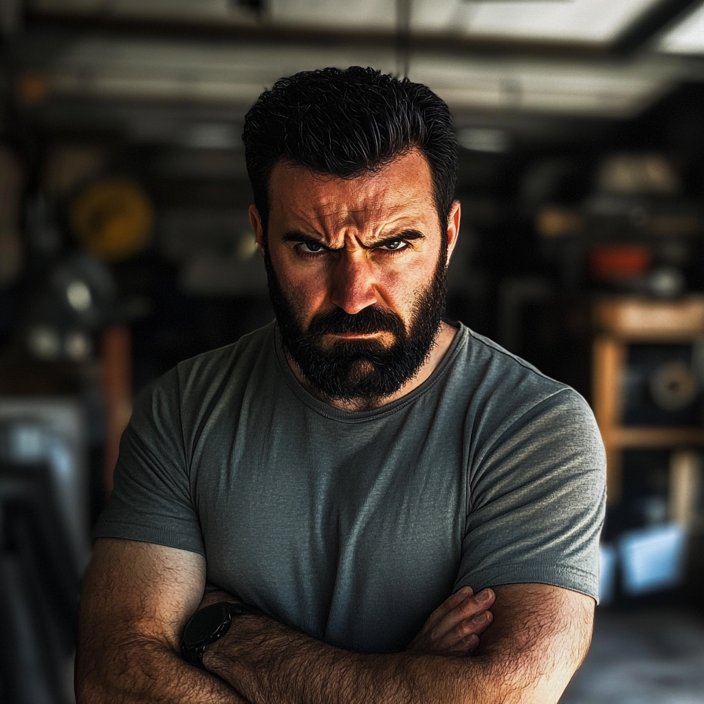 An angry man standing in a garage | Source: Midjourney