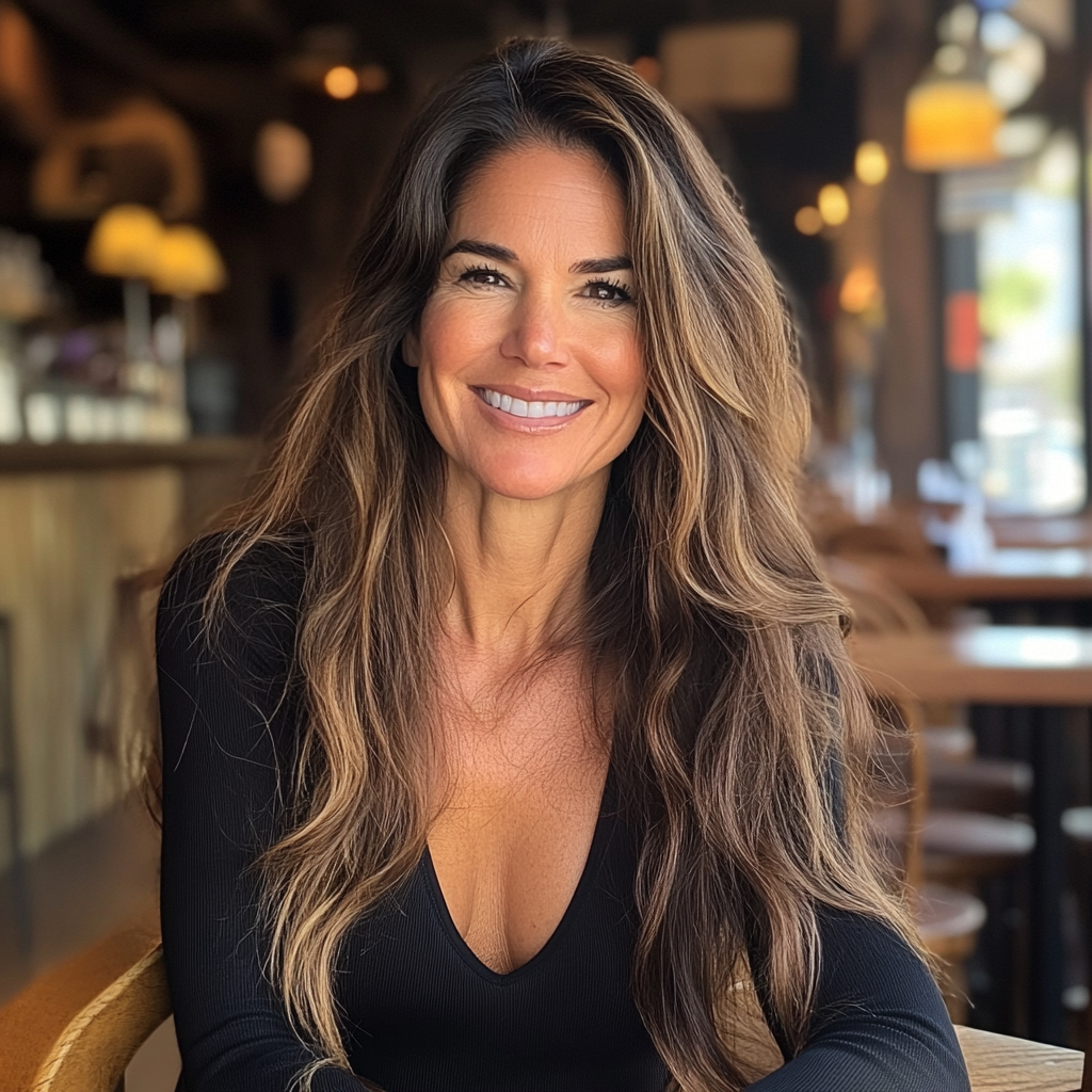 A smiling woman sitting at a table | Source: Midjourney