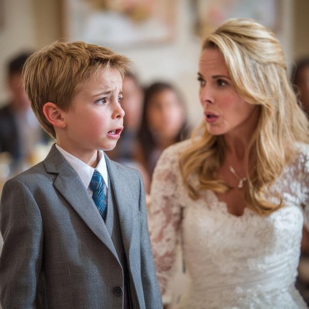 A bride scolding a boy at a wedding | Source: Midjourney