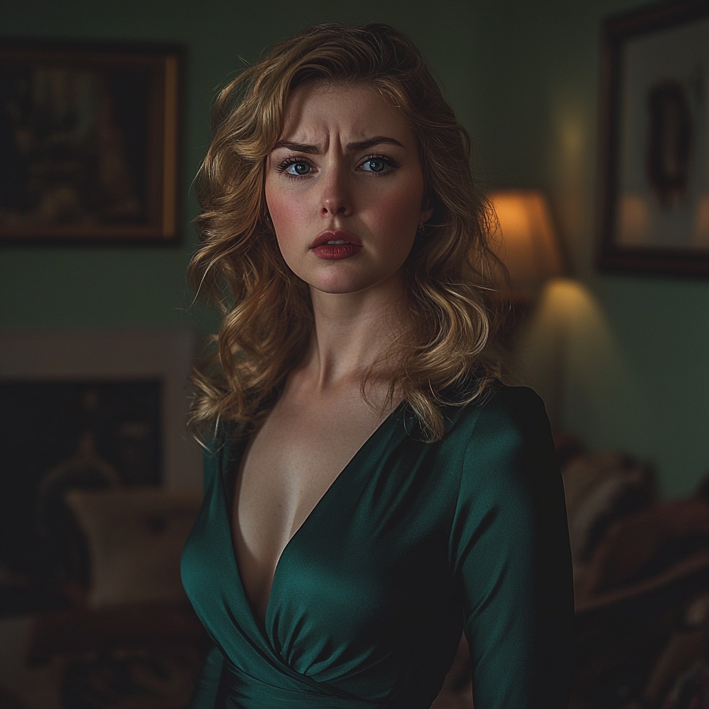 An upset woman standing in a living room | Source: Midjourney