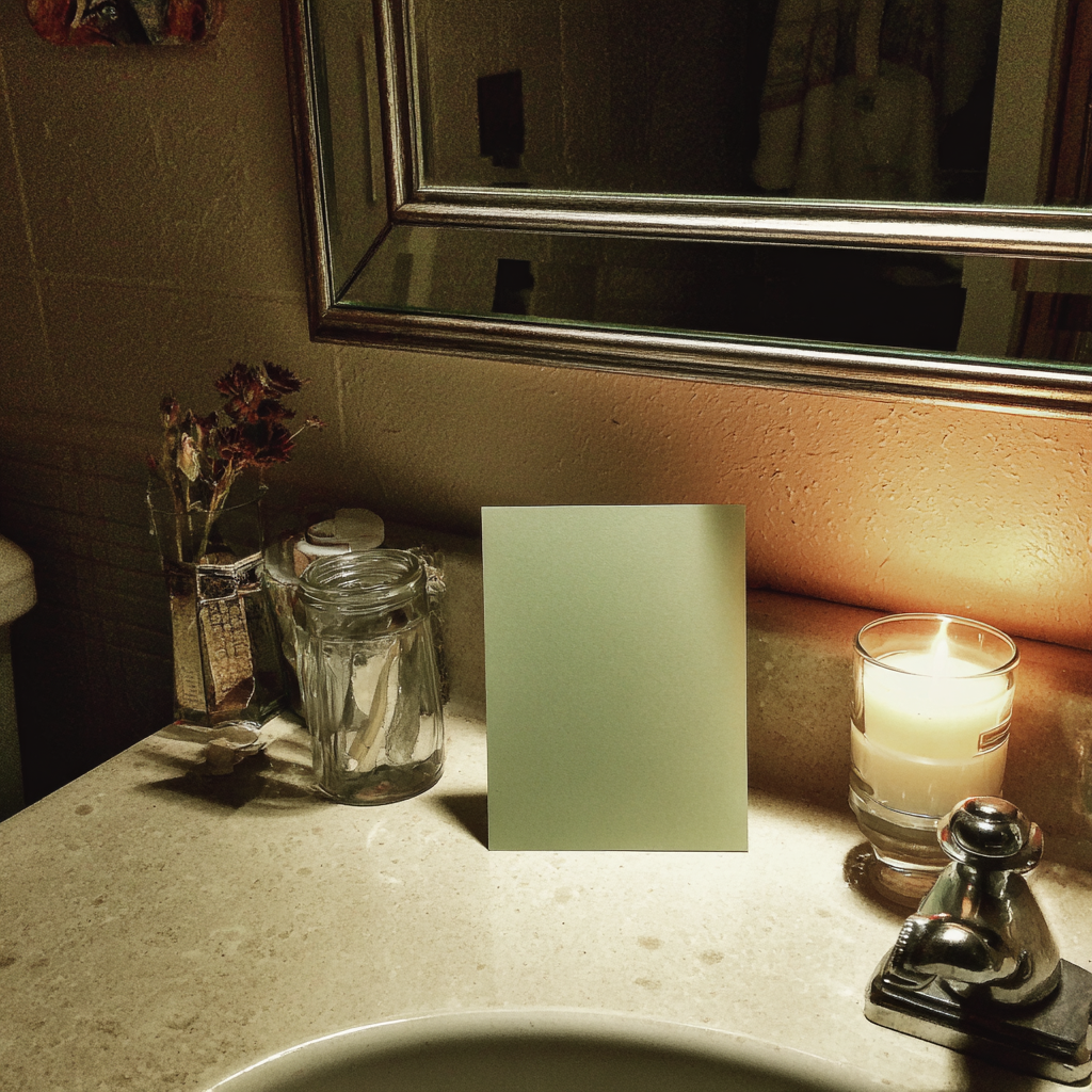 A pale green quote card on a bathroom sink | Source: Midjourney