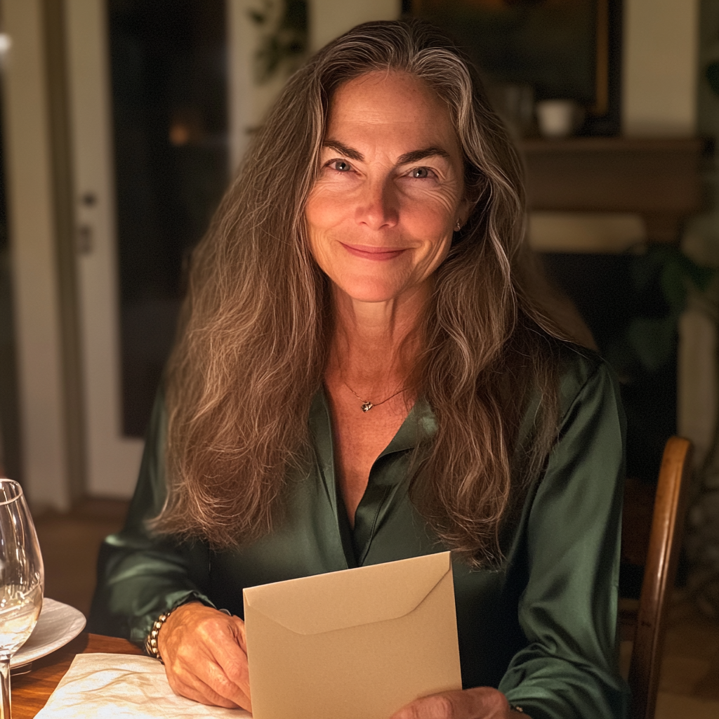 A woman sitting at a dinner table | Source: Midjourney