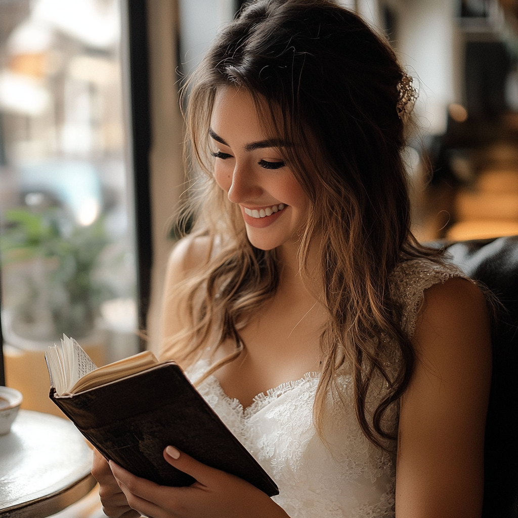 Bride smiling while looking at her journal | Source: Midjourney