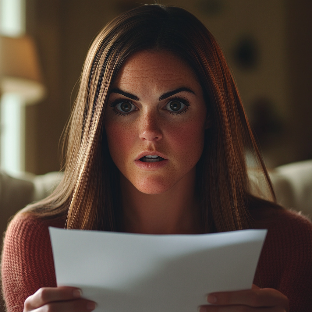 A startled woman holding a sheet of paper | Source: Midjourney