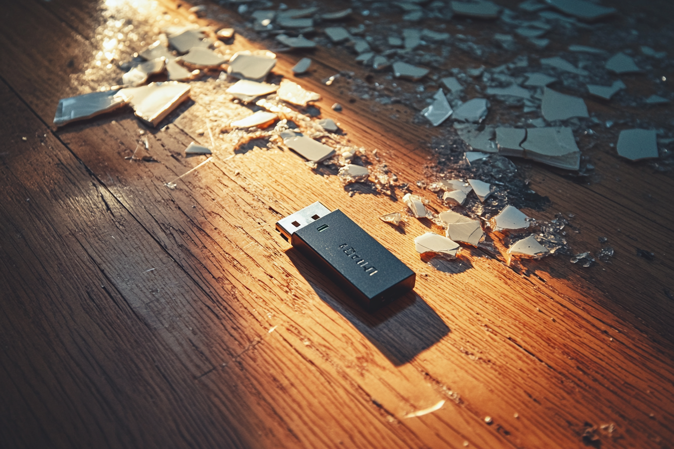 A USB drive on the floor next to shattered porcelain pieces | Source: Midjourney