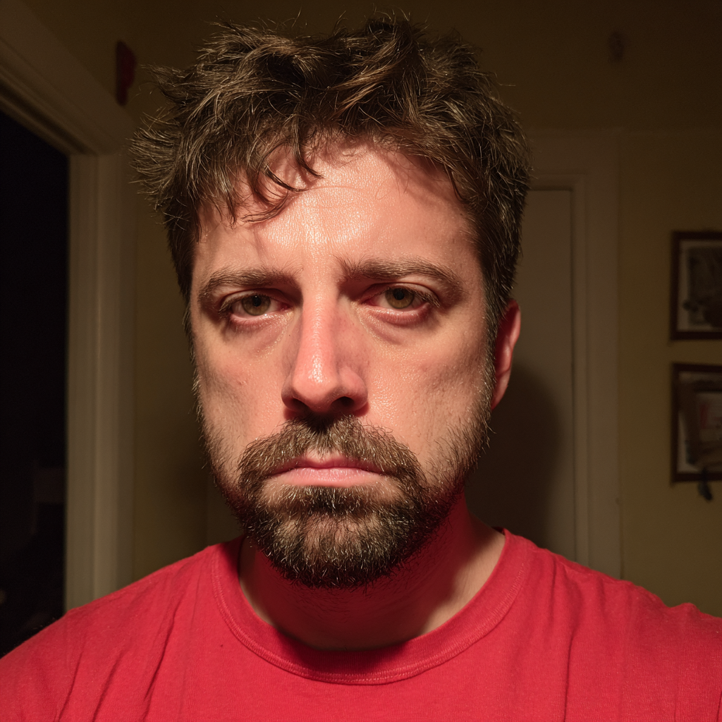 A close up of a man wearing a red t-shirt | Source: Midjourney