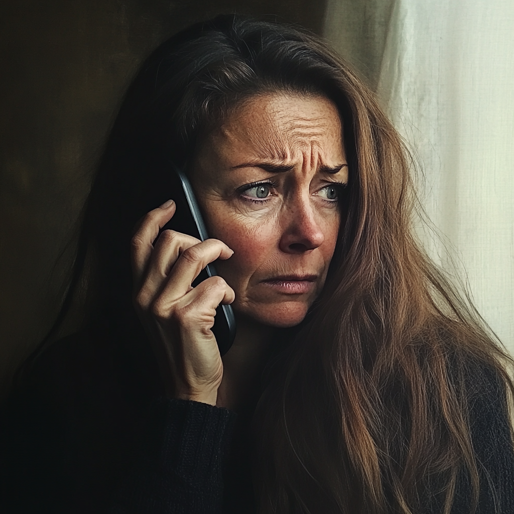 An upset woman talking on the phone | Source: Midjourney